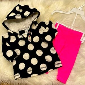 6m Black and white polka dot fleece hoodie w/ matching hot pink leggings. NWOT!